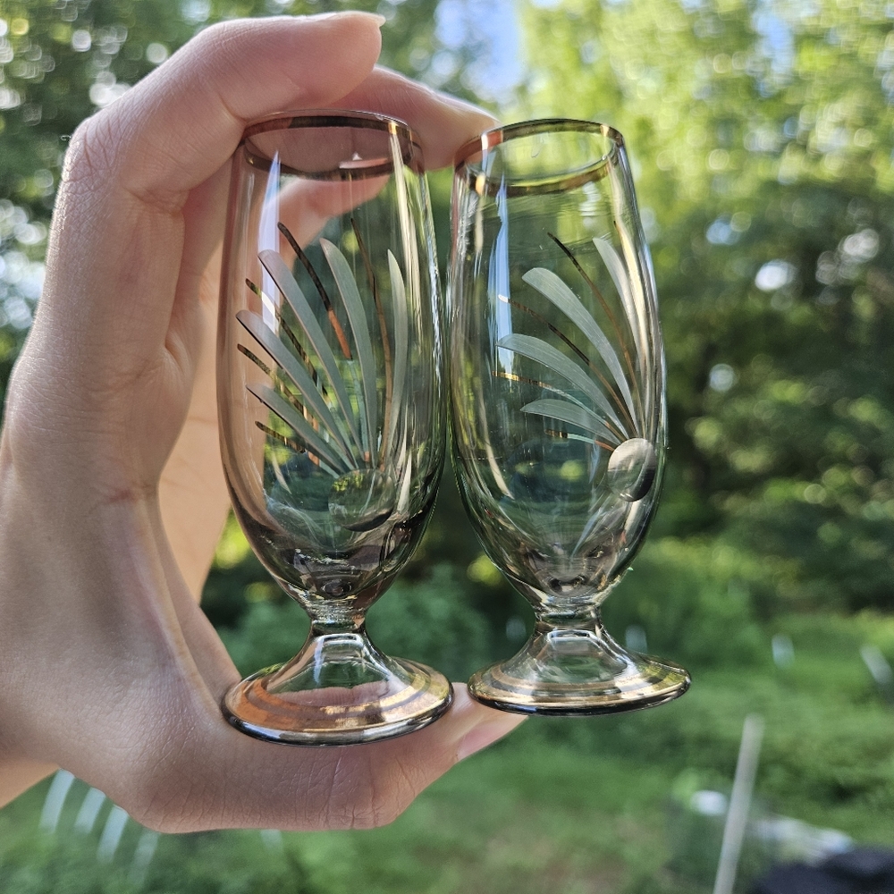 Elegant Cut Glass Footed Shot Glasses Smoke Gray with Starburst Design